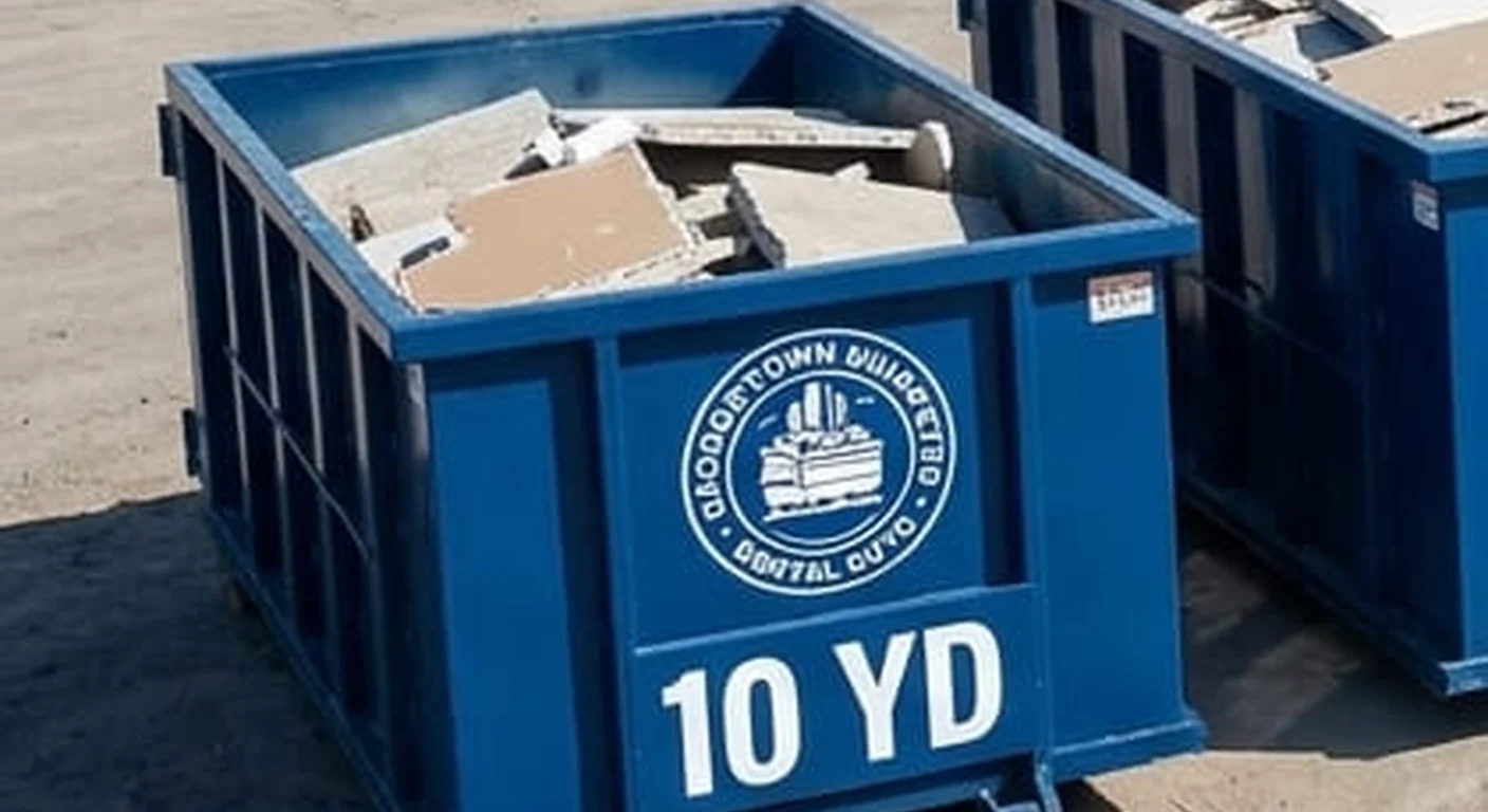 10 Yard Dumpster Rental in Georgetown, TX A Georgetown Dumpster Rental Guys 10 yard roll-off dumpster, part of a five-container size lineup with the size printed on the side