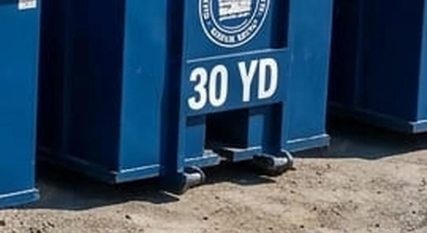 30 Yard Dumpster Rental in Georgetown, TX A Georgetown Dumpster Rental Guys 30 yard roll-off dumpster, part of a five-container size lineup with the size printed on the side