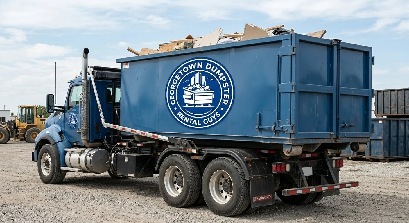 Older Georgetown Dumpster Rental Guys containers and a delivery truck staged at the company yard