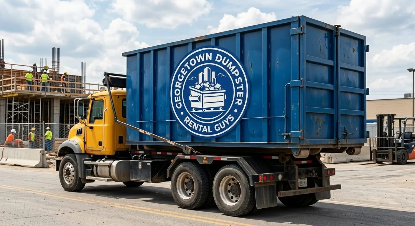 Construction dumpster rental in Jarrell, TX A Georgetown Dumpster Rental Guys roll-off dumpster delivered to an active construction site in Jarrell, TX
