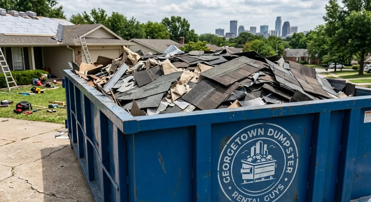 A Georgetown Dumpster Rental Guys dumpster filled with real roofing tear-off debris on a residential street, ladder against the roof behind it