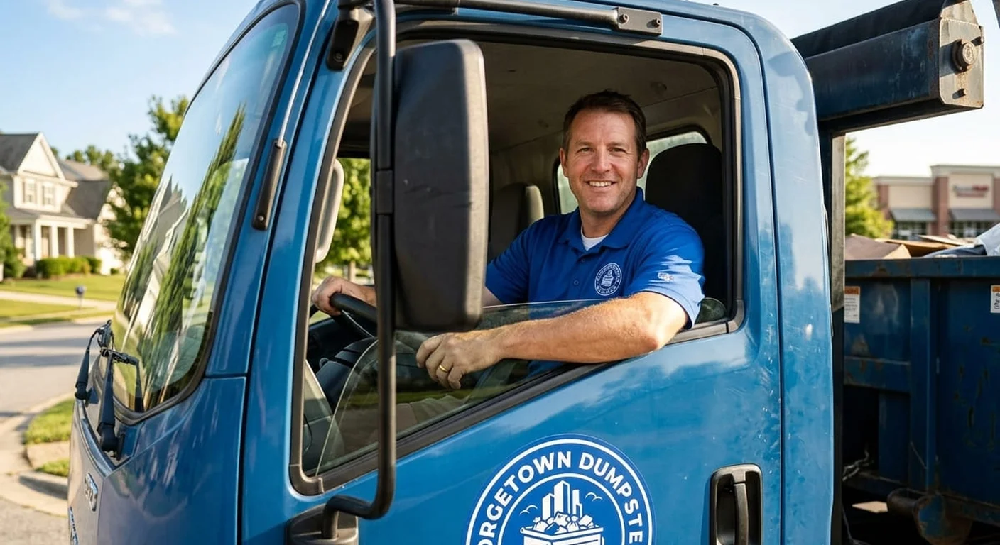 Dumpster Delivery Service - Georgetown, TX A Georgetown Dumpster Rental Guys driver smiling from the cab of a delivery truck, ready for a delivery run