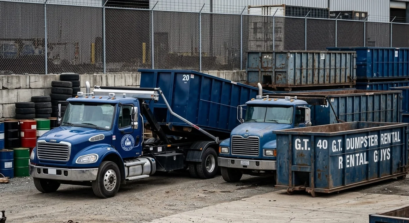 Our Dumpster Rental Fleet - Georgetown, TX Georgetown Dumpster Rental Guys trucks and stacked containers staged in the company yard