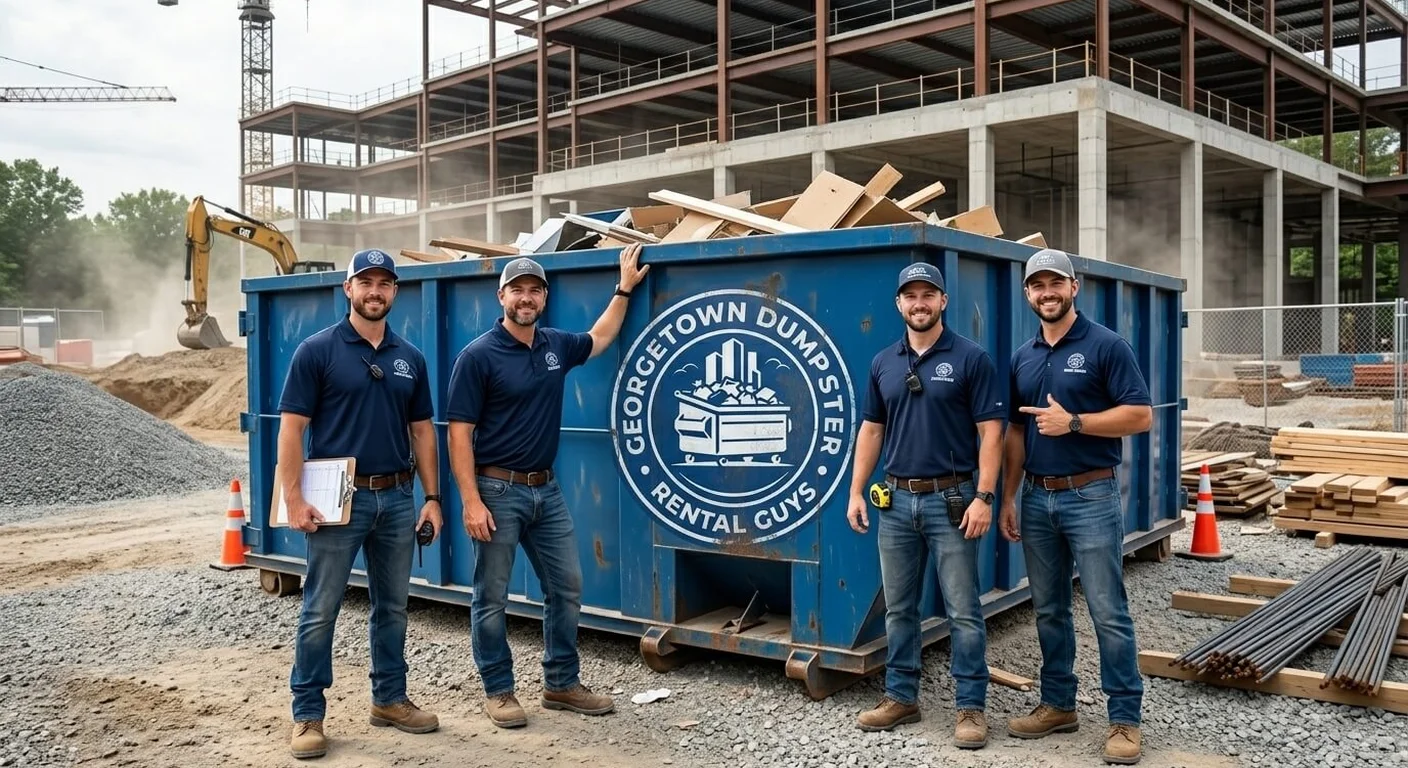Meet the Georgetown Dumpster Rental Guys Team The Georgetown Dumpster Rental Guys team standing together outside the company warehouse, beside a branded roll-off dumpster