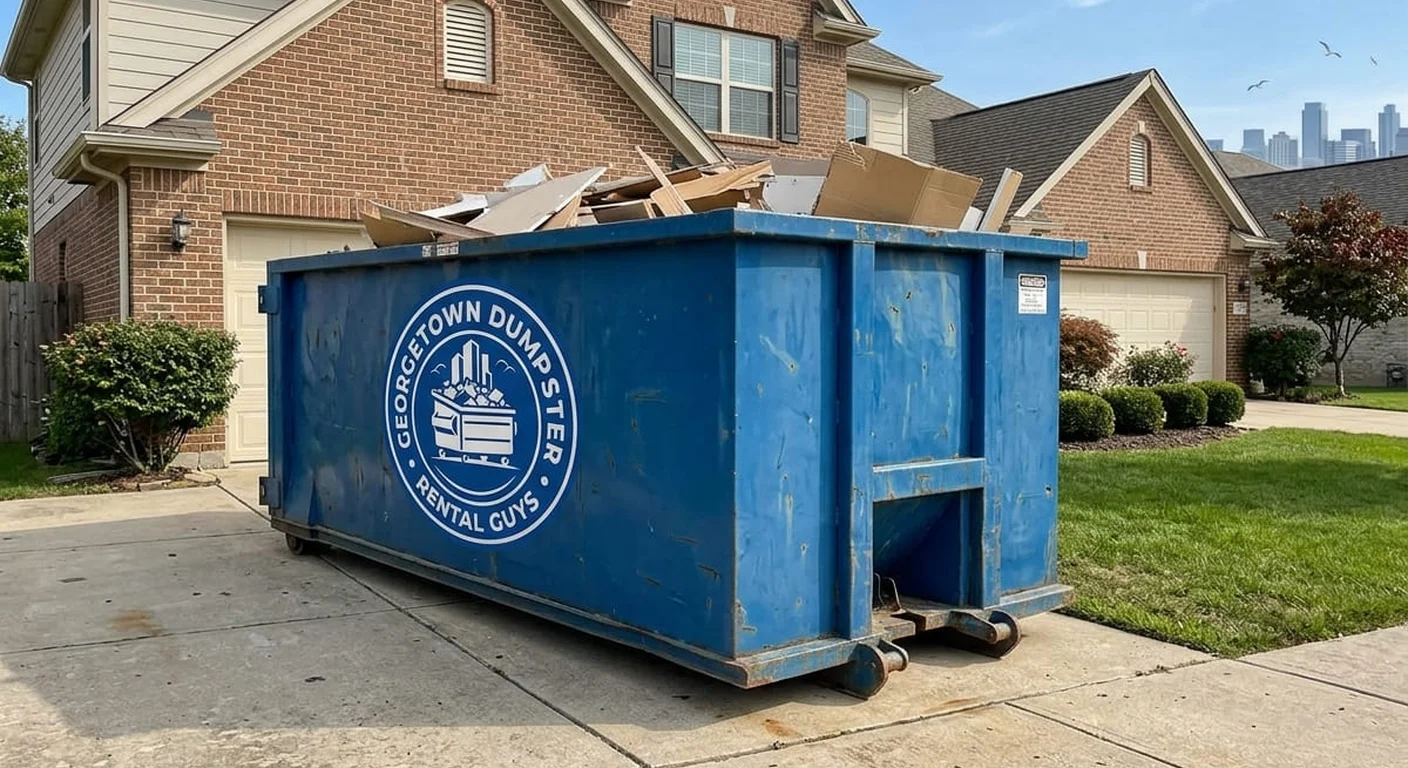 Dumpster rental delivery near Round Rock, TX A Georgetown Dumpster Rental Guys roll-off dumpster staged for a job near Round Rock, TX