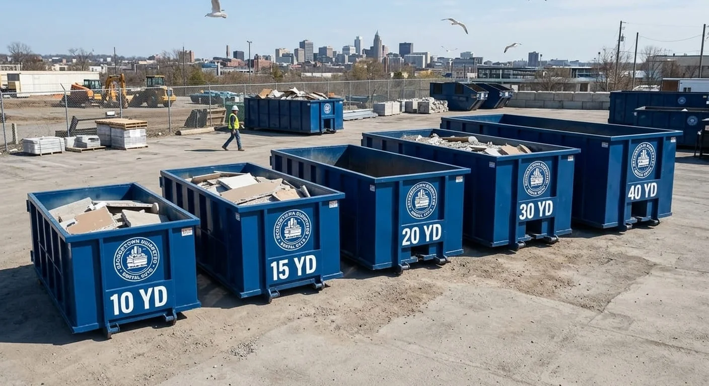Dumpster Sizes Side by Side - Georgetown Dumpster Rental Guys Five Georgetown Dumpster Rental Guys roll-off dumpsters lined up side by side, from 10 yard to 40 yard, each size printed on the container
