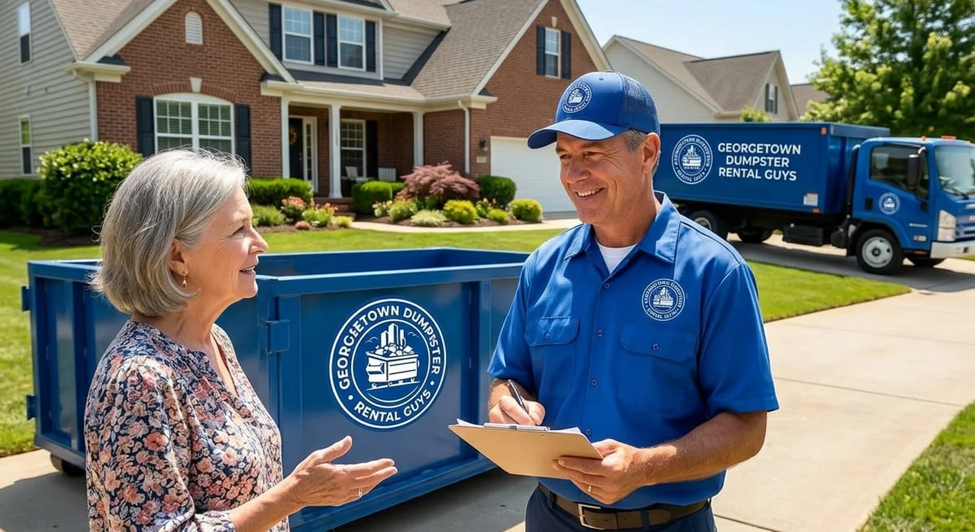 Junk removal dumpster rental in Florence, TX A Georgetown Dumpster Rental Guys driver reviewing details for a junk-removal job in Florence, TX