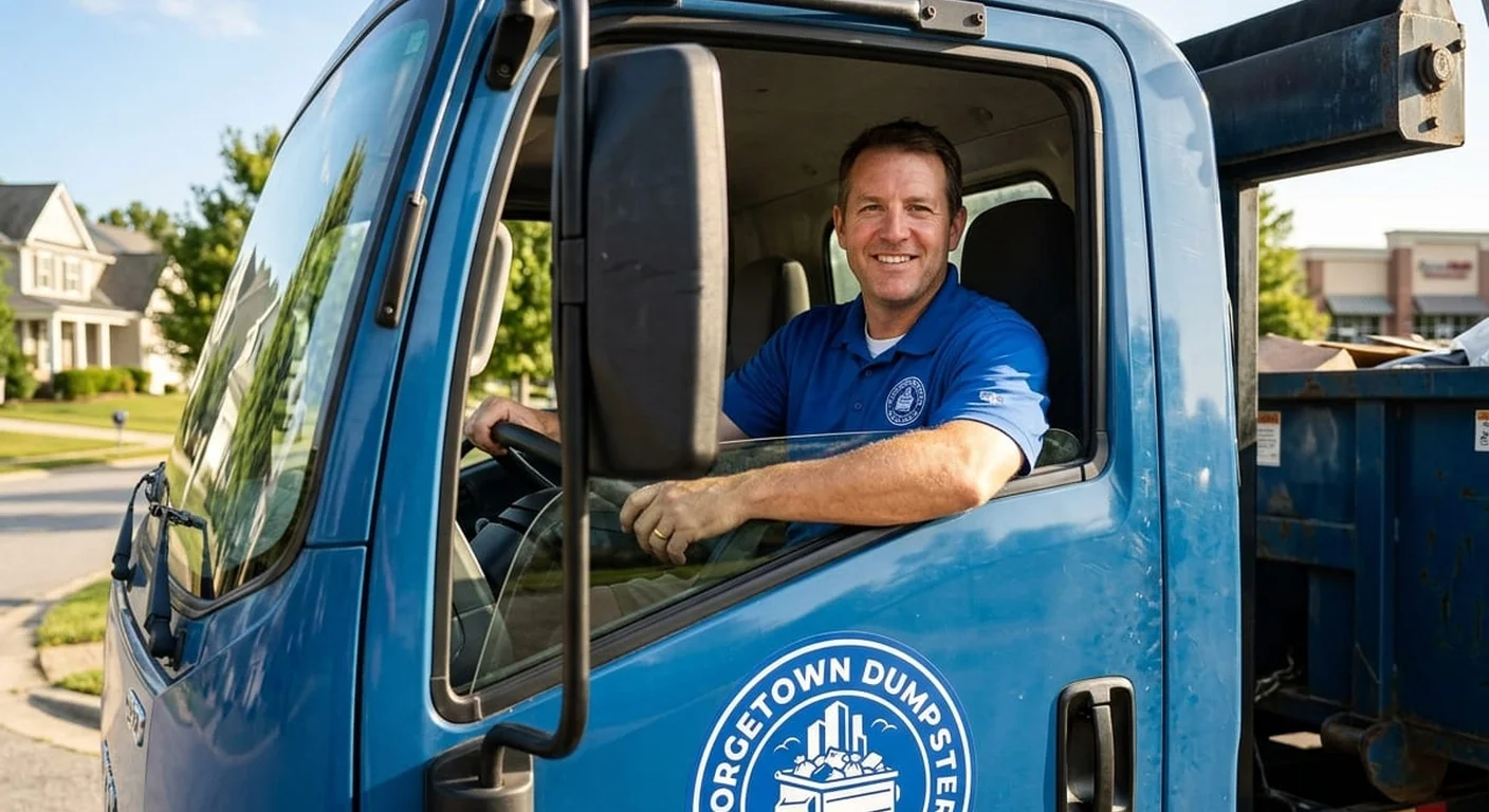 Same-Day Dumpster Rental in Georgetown, TX A Georgetown Dumpster Rental Guys driver smiling from the cab of a delivery truck, ready to head out for a same-day delivery