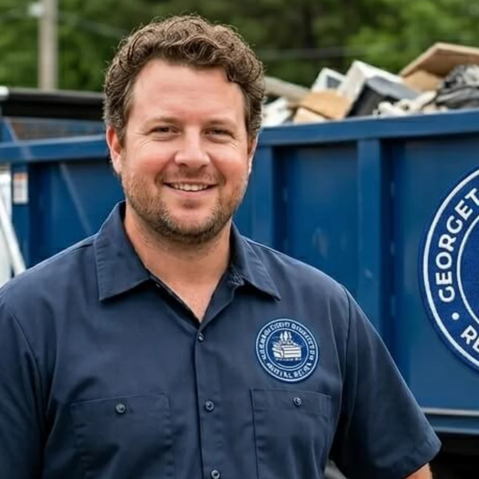Lead Driver The Lead Driver at Georgetown Dumpster Rental Guys, standing beside a company roll-off dumpster loaded with construction debris